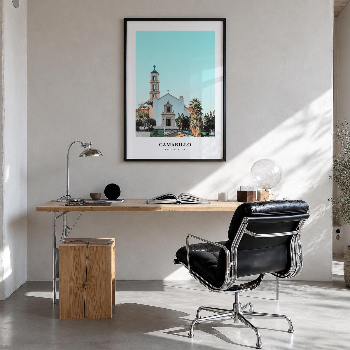 Camarillo colorful classic poster of California, USA – vertical wall art in black wood frame, hanging on wall