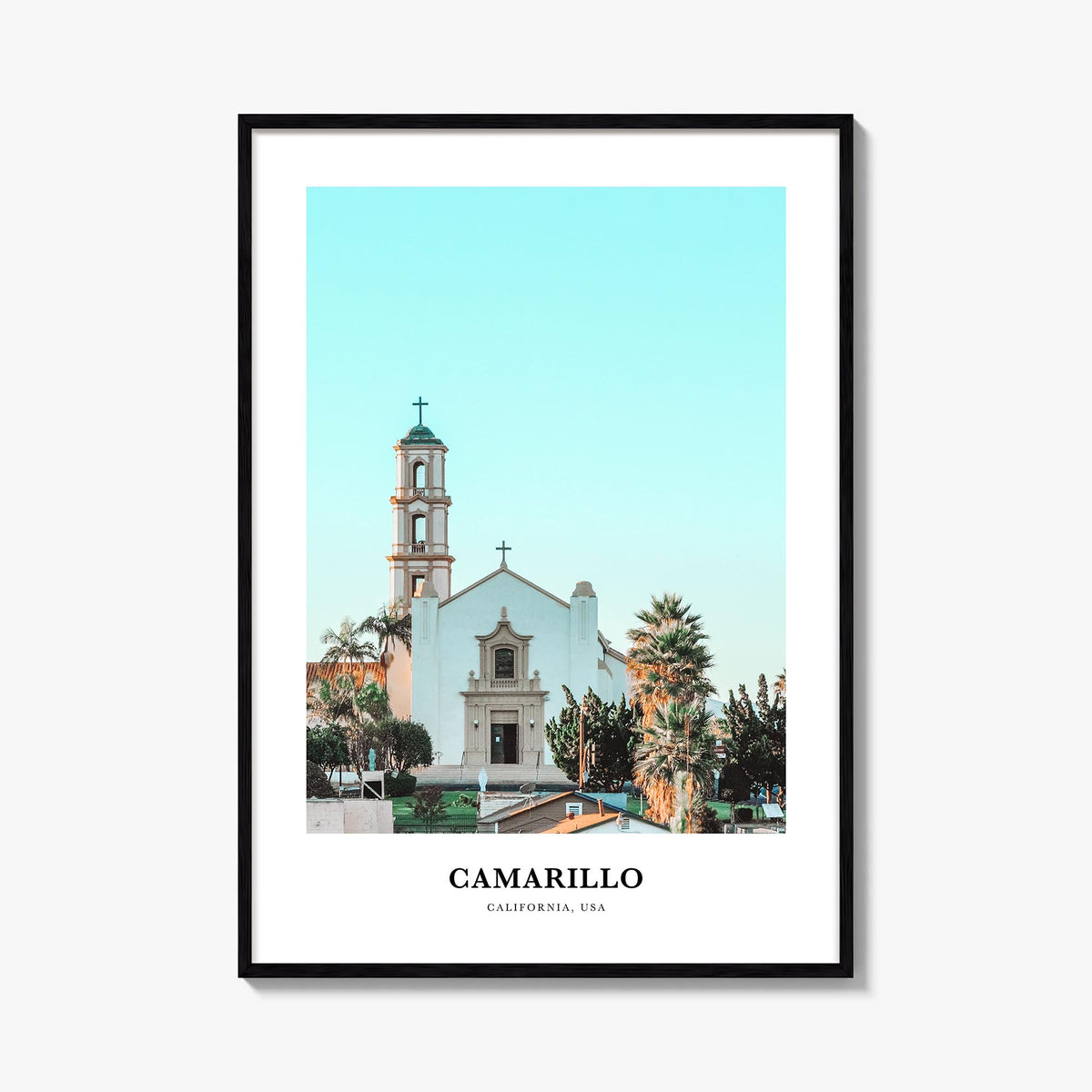 Camarillo colorful classic poster of California, USA – vertical wall art, unframed print shown in interior mockup
