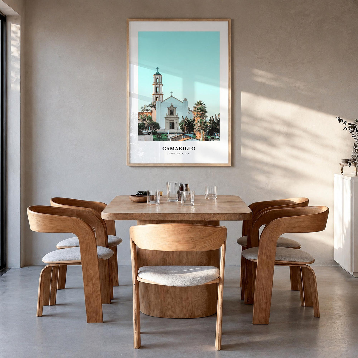 Camarillo colorful classic poster of California, USA – vertical wall art in natural wood frame, hanging on wall