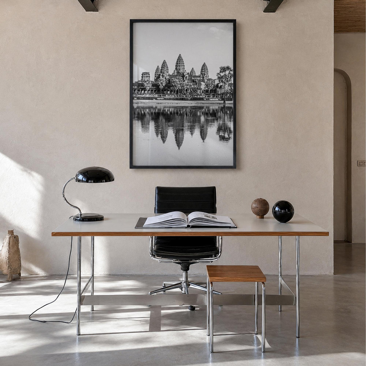Cambodia black & white photo poster of Asia – vertical wall art in black wood frame, hanging on wall
