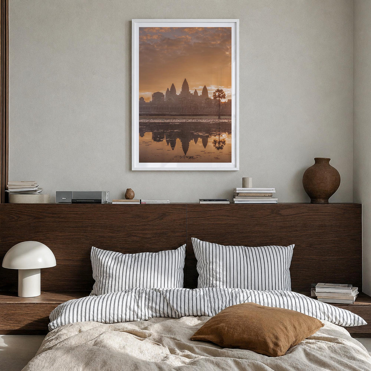 Cambodia colorful photo poster of Asia – vertical wall art in white wood frame with white border, hanging on wall