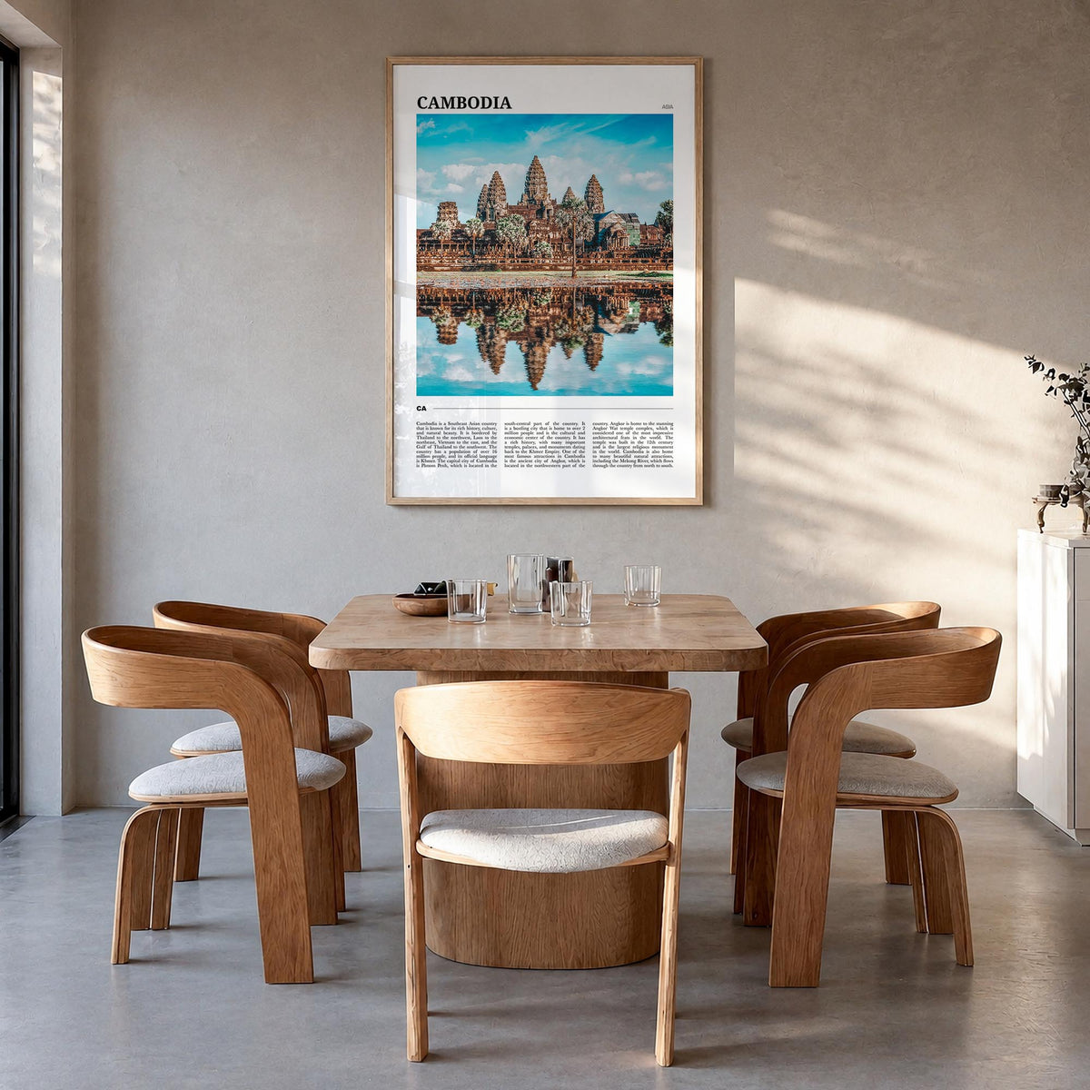 Cambodia colorful travel poster of Asia – vertical wall art in natural wood frame, hanging on wall