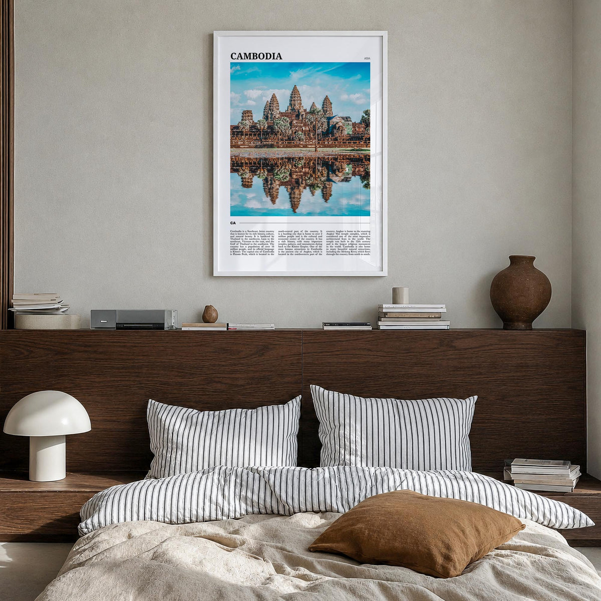 Cambodia colorful travel poster of Asia – vertical wall art in white wood frame, hanging on wall