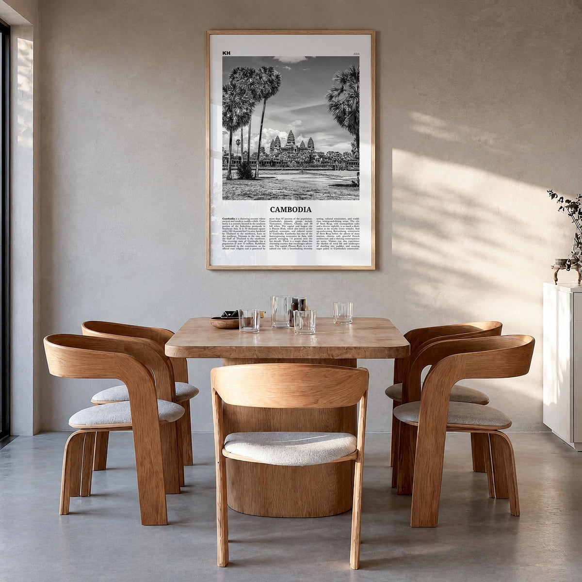 Cambodia no. 1 black & white newspaper poster of Asia – vertical wall art in natural wood frame, hanging on wall