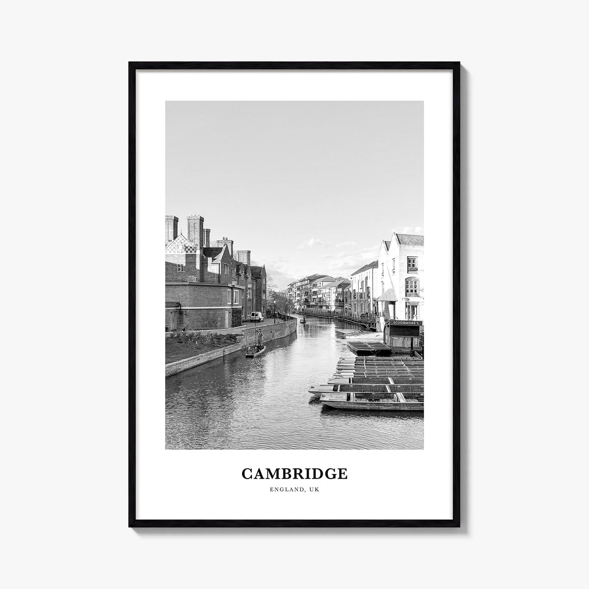 Cambridge, England black & white classic poster of United Kingdom – vertical wall art, unframed print shown in interior mocku