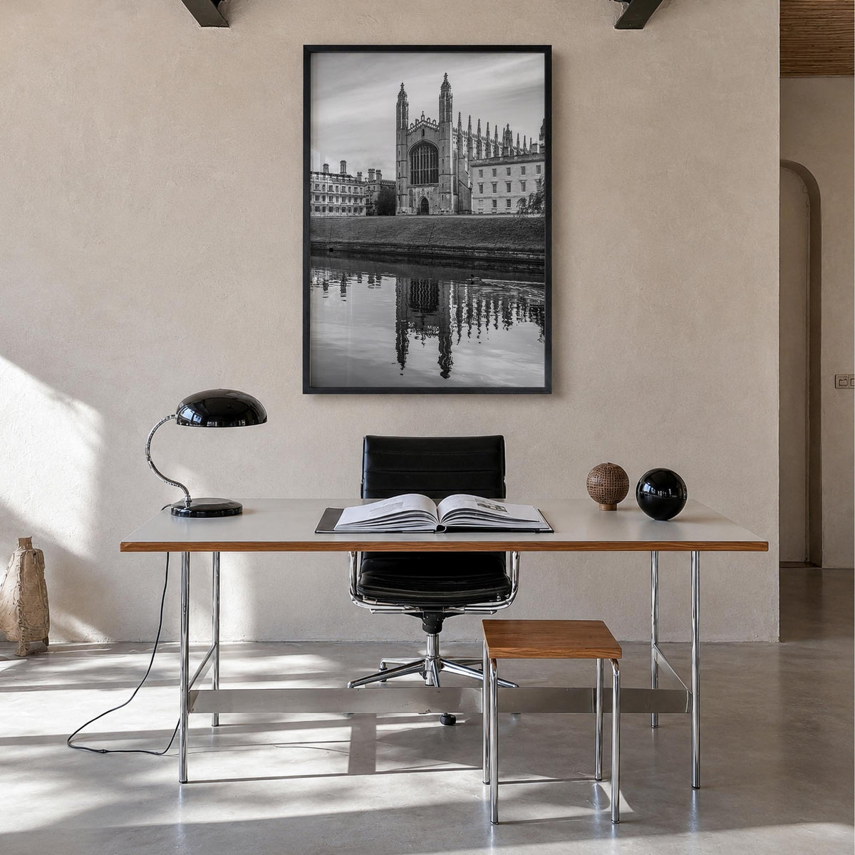 Cambridge, England black & white photo poster of United Kingdom – vertical wall art in black wood frame, hanging on wall
