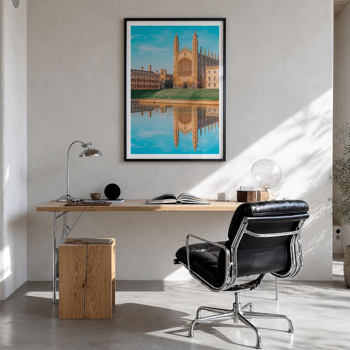 Cambridge, England colorful photo poster of United Kingdom – vertical wall art in black wood frame with white border, hanging