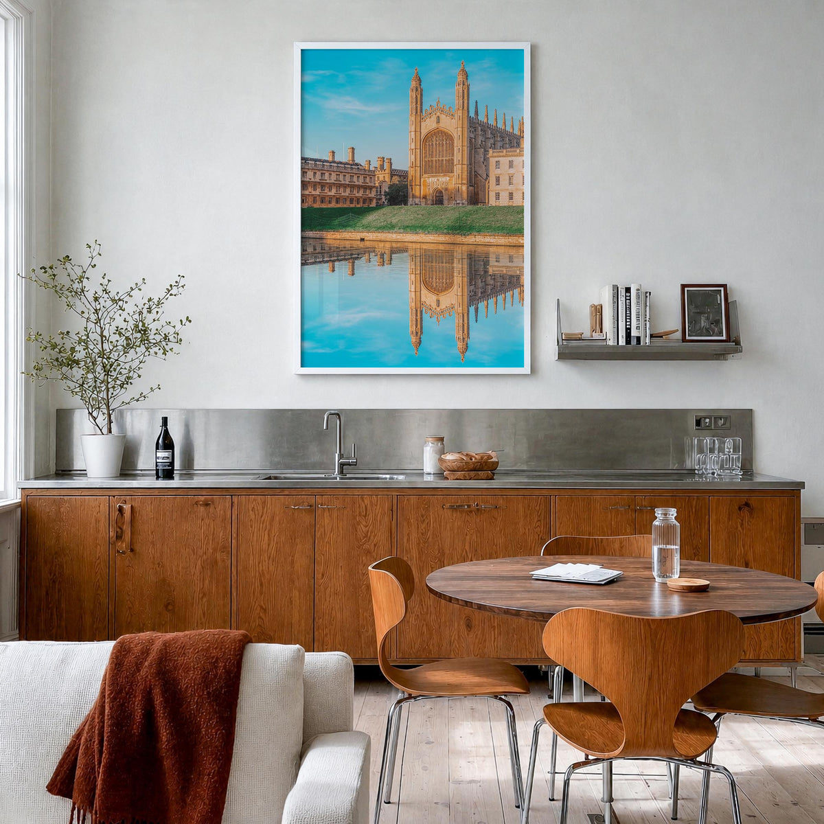 Cambridge, England colorful photo poster of United Kingdom – vertical wall art in white wood frame, hanging on wall