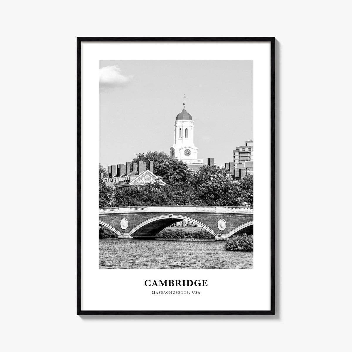 Cambridge, Massachusetts black & white classic poster of Massachusetts, USA – vertical wall art, unframed print shown in inte