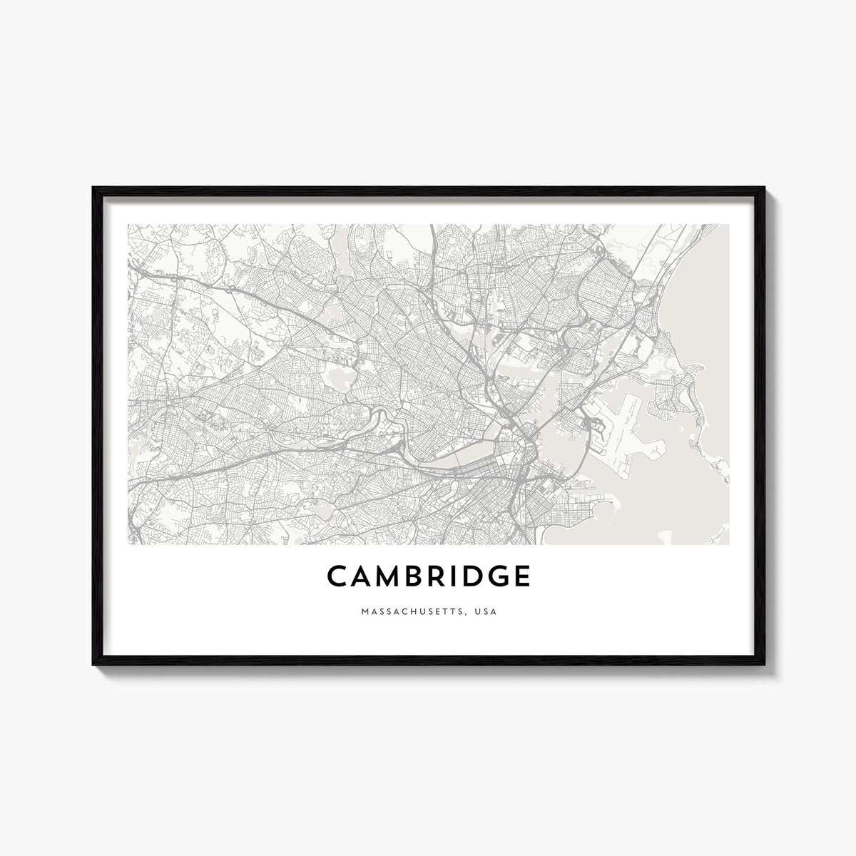 Cambridge, Massachusetts black & white map poster of Massachusetts, USA – horizontal wall art, unframed print shown in interi