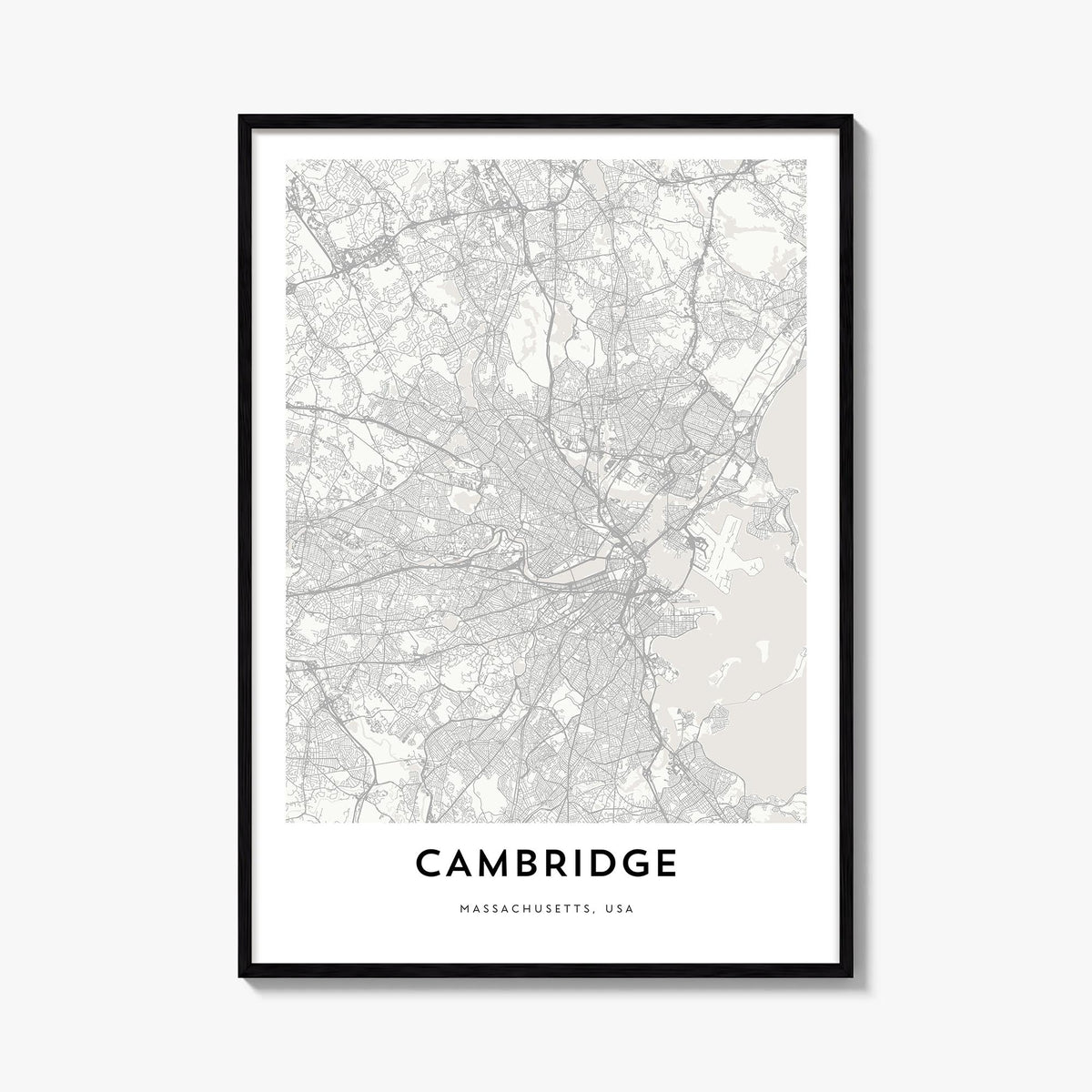 Cambridge, Massachusetts black & white map poster of Massachusetts, USA – vertical wall art, unframed print shown in interior