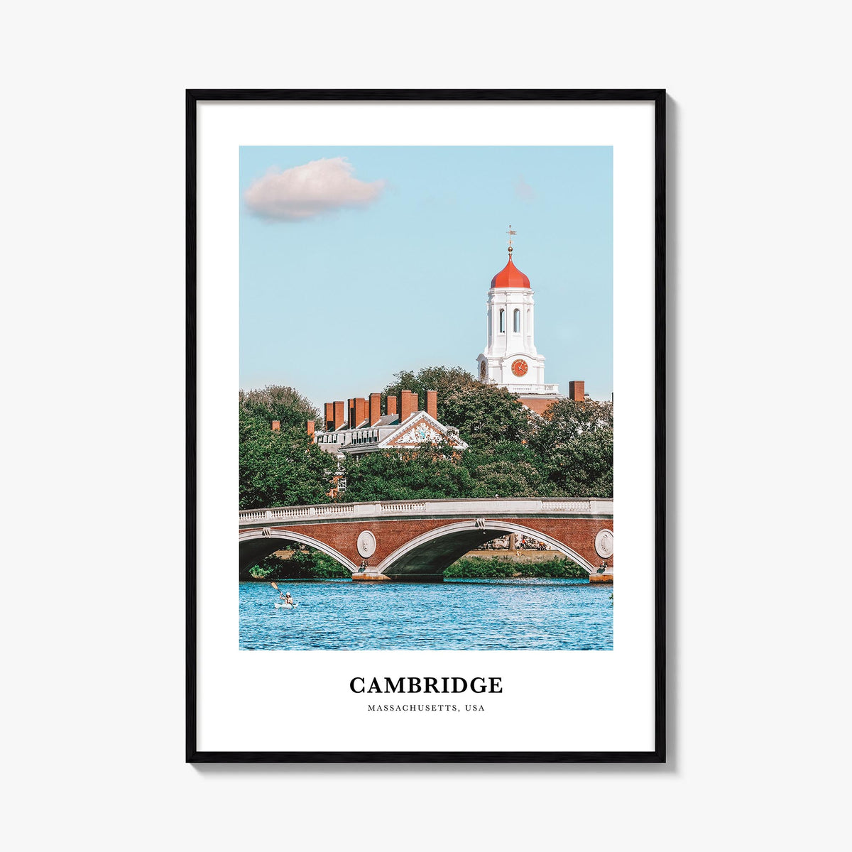 Cambridge, Massachusetts colorful classic poster of Massachusetts, USA – vertical wall art, unframed print shown in interior