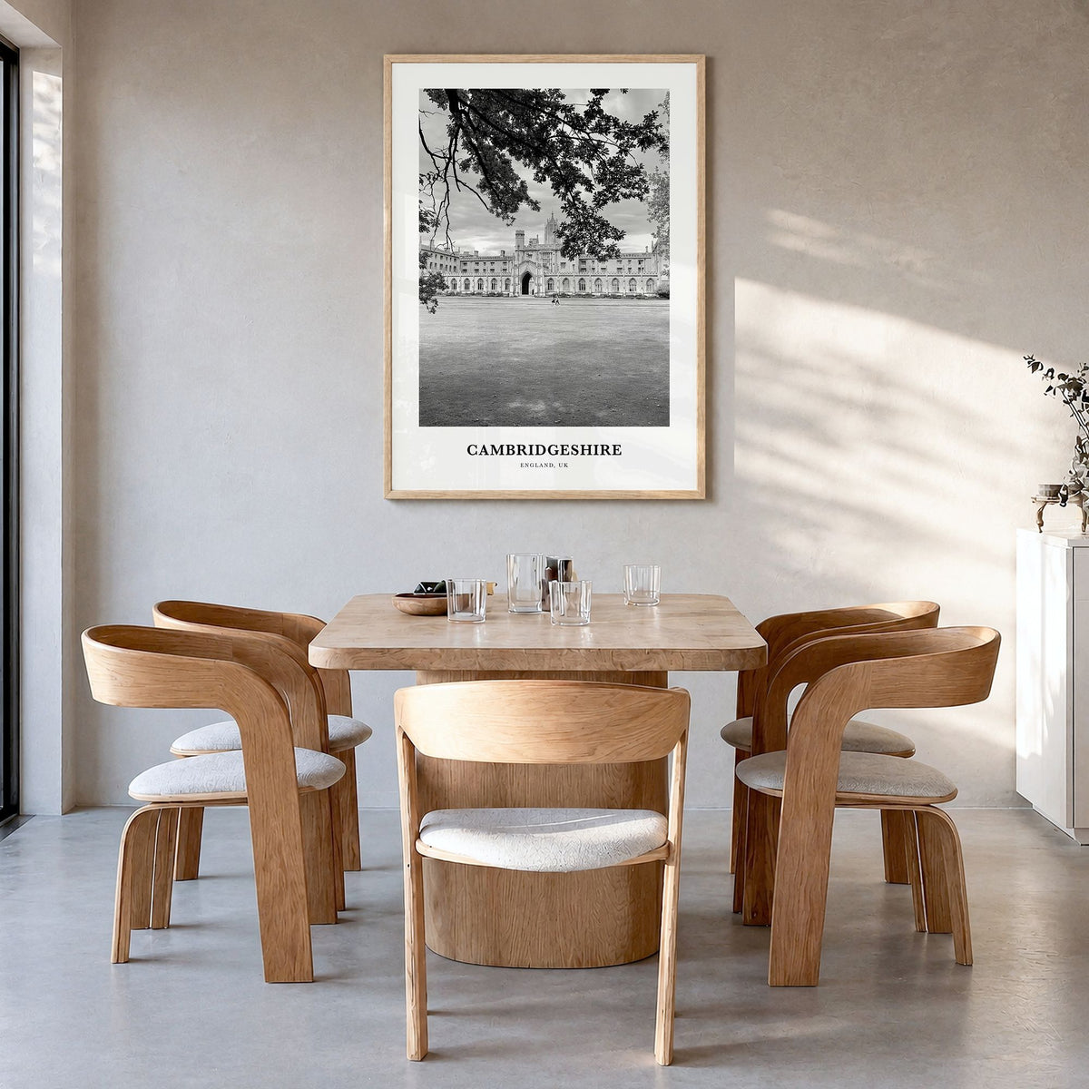 Cambridgeshire Classic Poster in a natural wood frame, hanging in a dining room