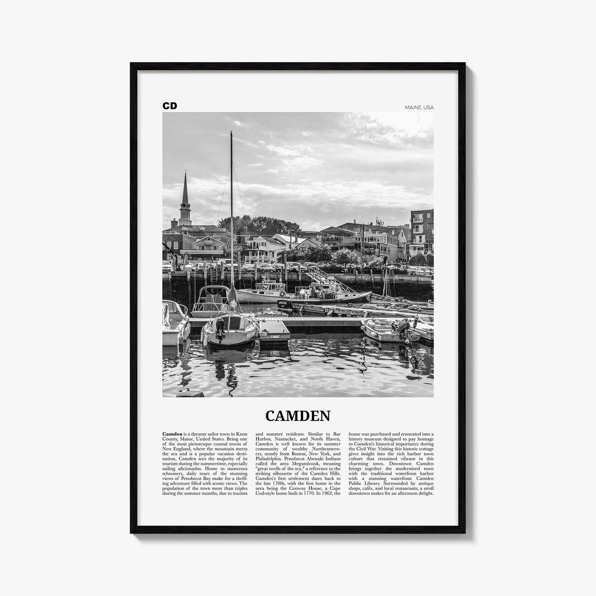 Camden black & white newspaper poster of Maine, USA – vertical wall art, unframed print shown in interior mockup