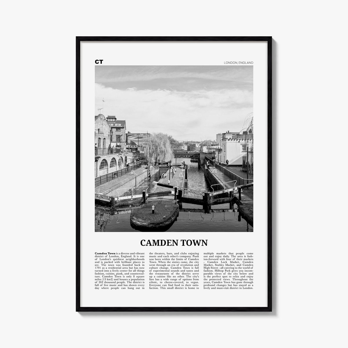 Camden Town black & white newspaper poster of London, England – vertical wall art, unframed print shown in interior mockup