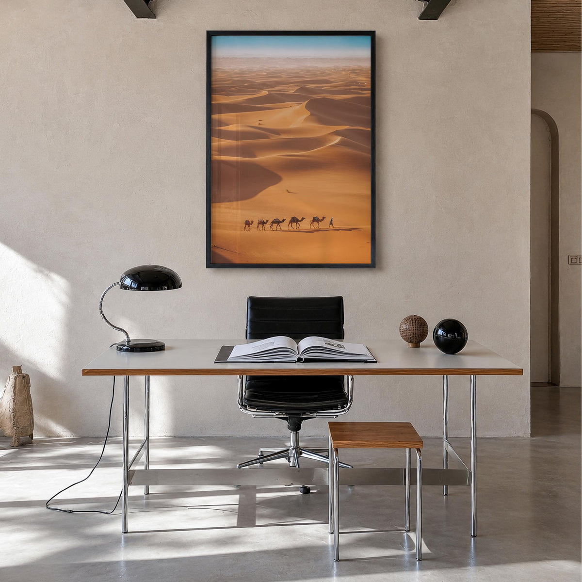 Camel Caravan colorful photo poster – vertical wall art in black wood frame, hanging on wall
