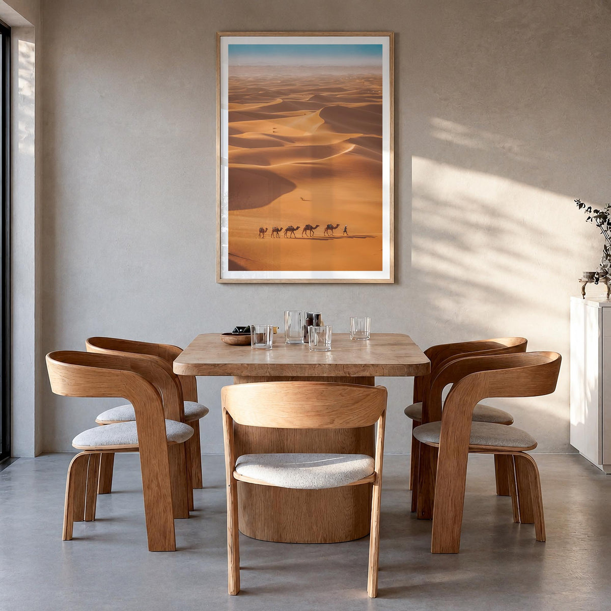 Camel Caravan colorful photo poster – vertical wall art in natural wood frame with white border, hanging on wall