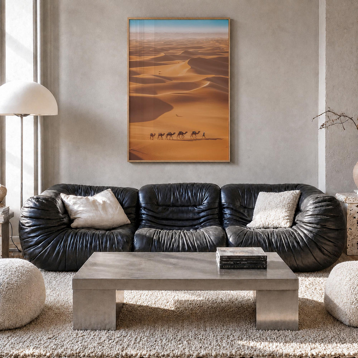 Camel Caravan colorful photo poster – vertical wall art in natural wood frame, hanging on wall