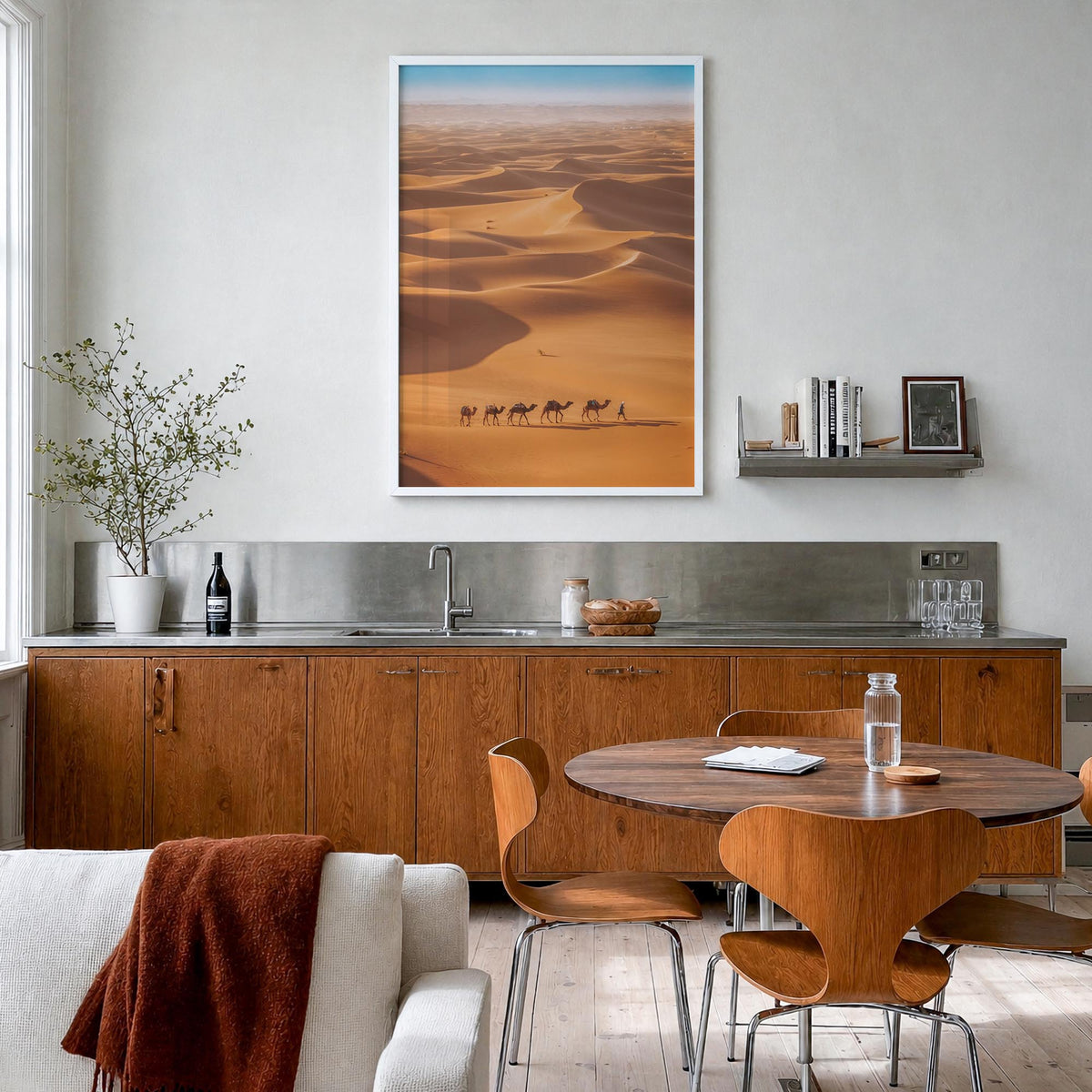 Camel Caravan colorful photo poster – vertical wall art in white wood frame, hanging on wall