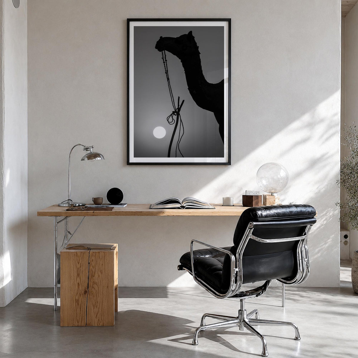 Camel Caravan no. 1 black & white photo poster – vertical wall art in black wood frame with white border, hanging on wall