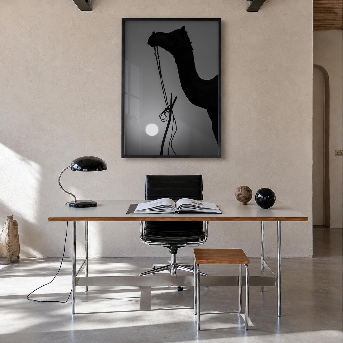 Camel Caravan no. 1 black & white photo poster – vertical wall art in black wood frame, hanging on wall