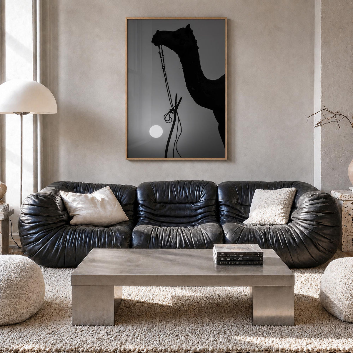 Camel Caravan no. 1 black & white photo poster – vertical wall art in natural wood frame, hanging on wall