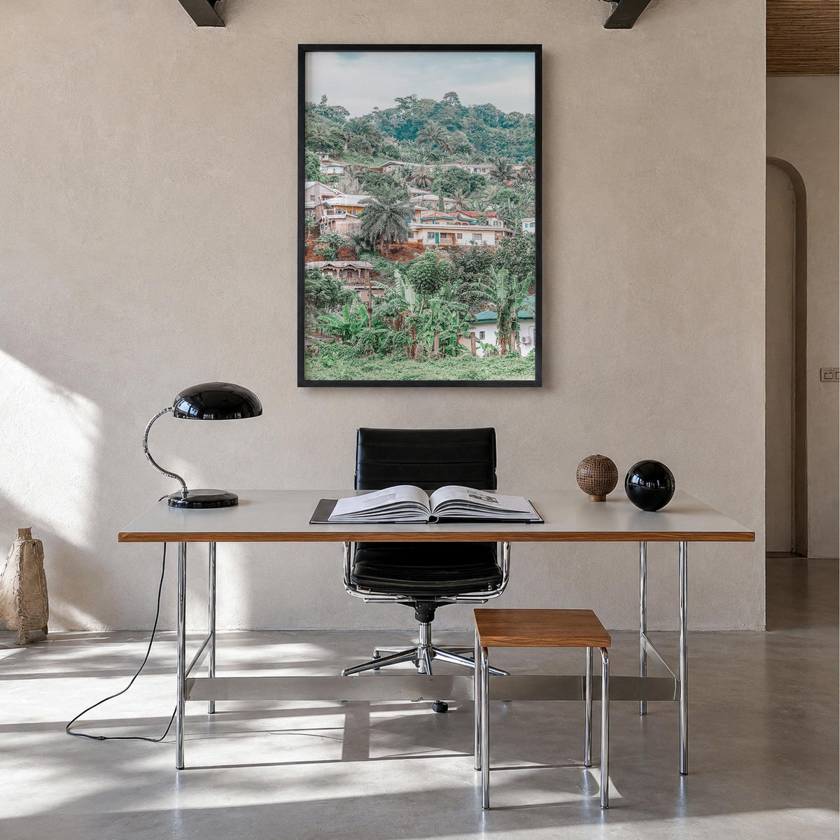 Cameroon colorful photo poster of Africa – vertical wall art in black wood frame, hanging on wall