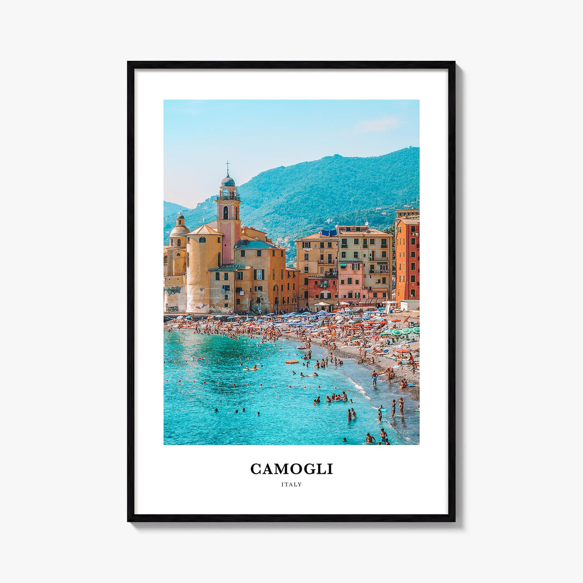 Camogli colorful classic poster of Italy – vertical wall art, unframed print shown in interior mockup