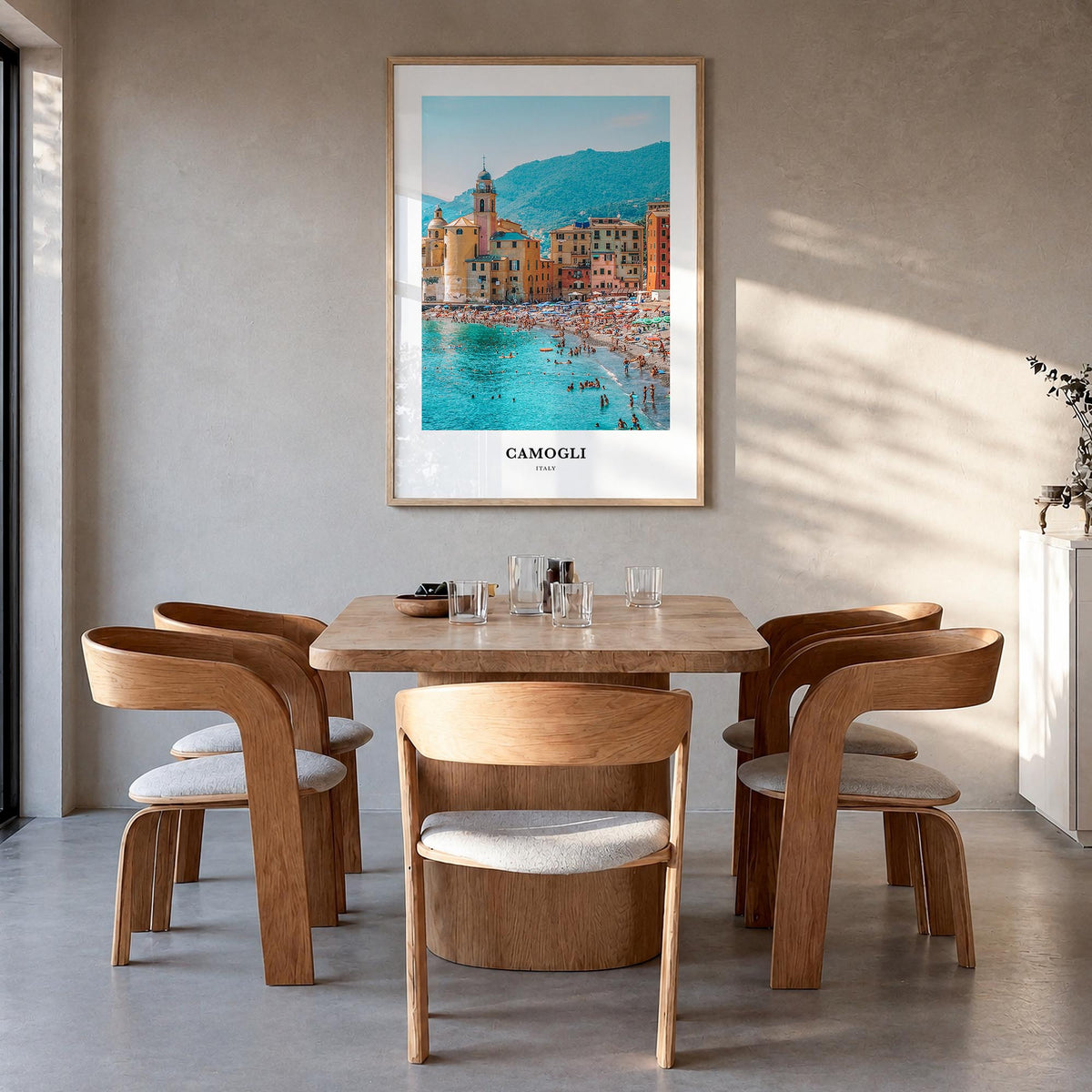 Camogli colorful classic poster of Italy – vertical wall art in natural wood frame, hanging on wall