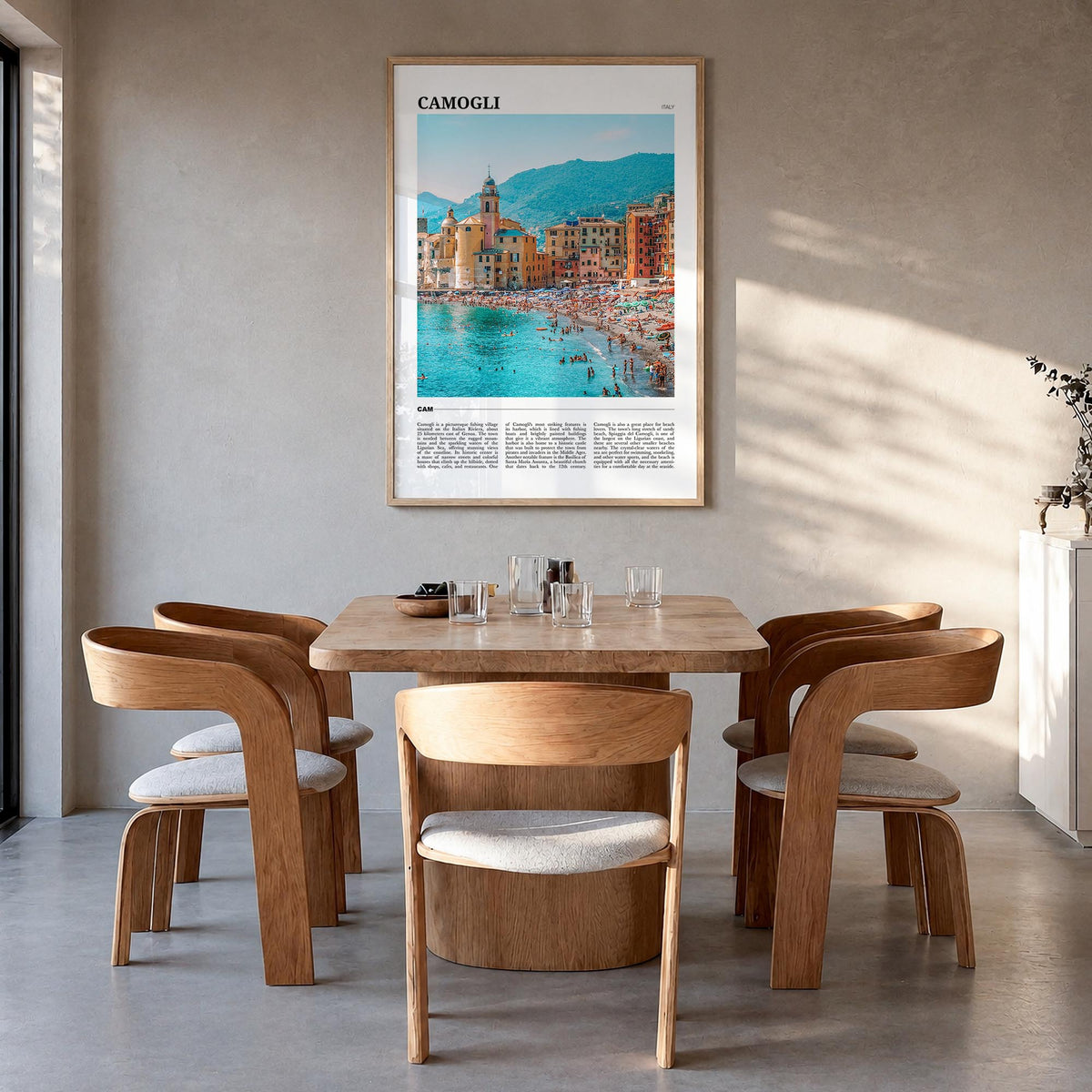 Camogli colorful travel poster of Italy – vertical wall art in natural wood frame, hanging on wall