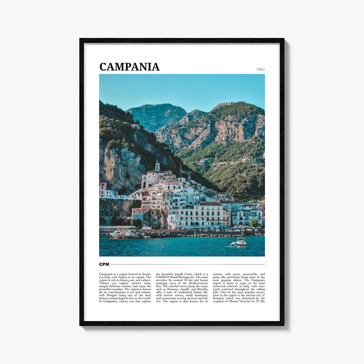 Campania colorful travel poster of Italy – vertical wall art, unframed print shown in interior mockup