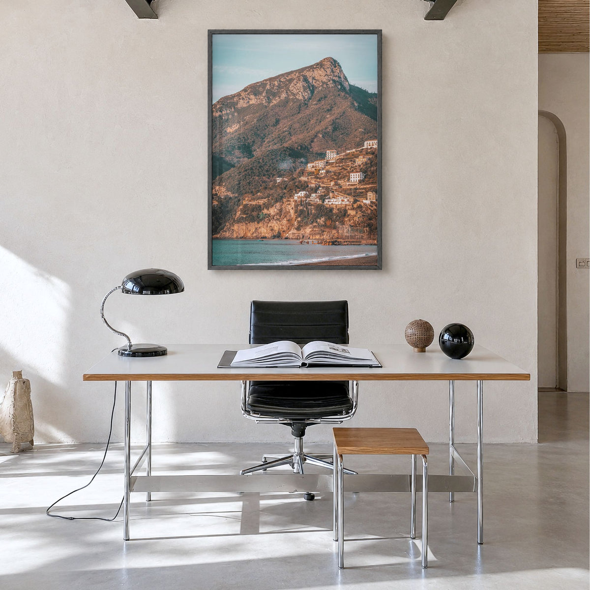 Campania Photo Poster in a black wood frame, hanging in a minimalist home office, full image (no border)