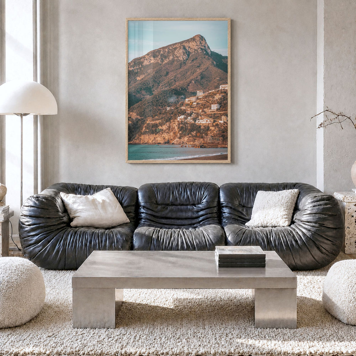 Campania Photo Poster in a natural wood frame, hanging in a living room, full image (no border)
