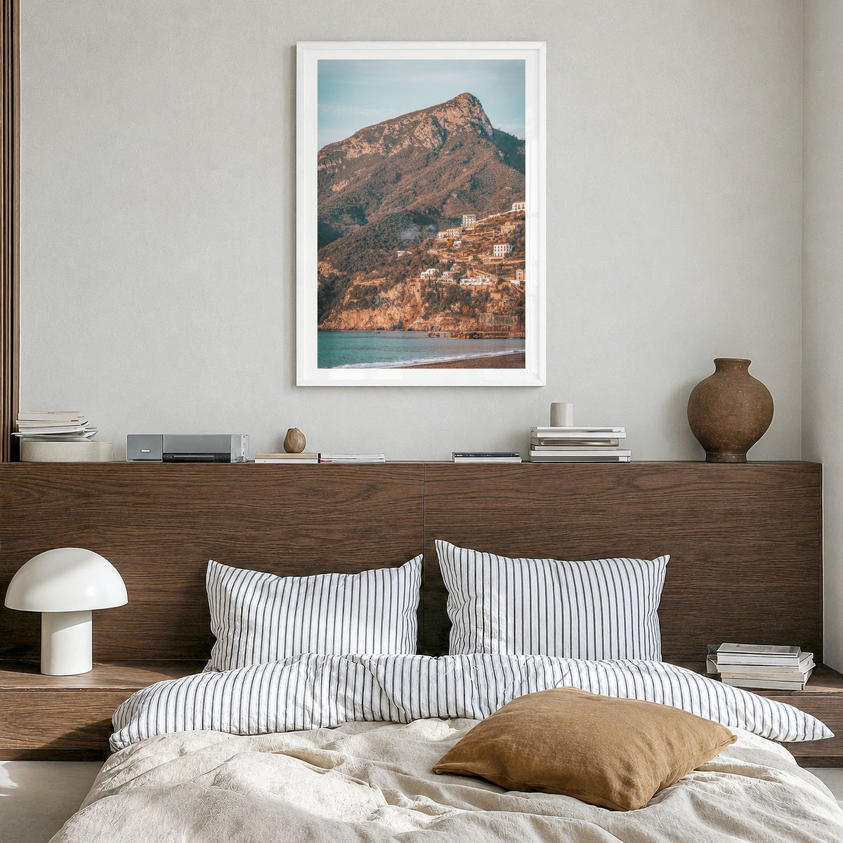 Campania Photo Poster in a white wood frame, hanging in a bedroom, white border
