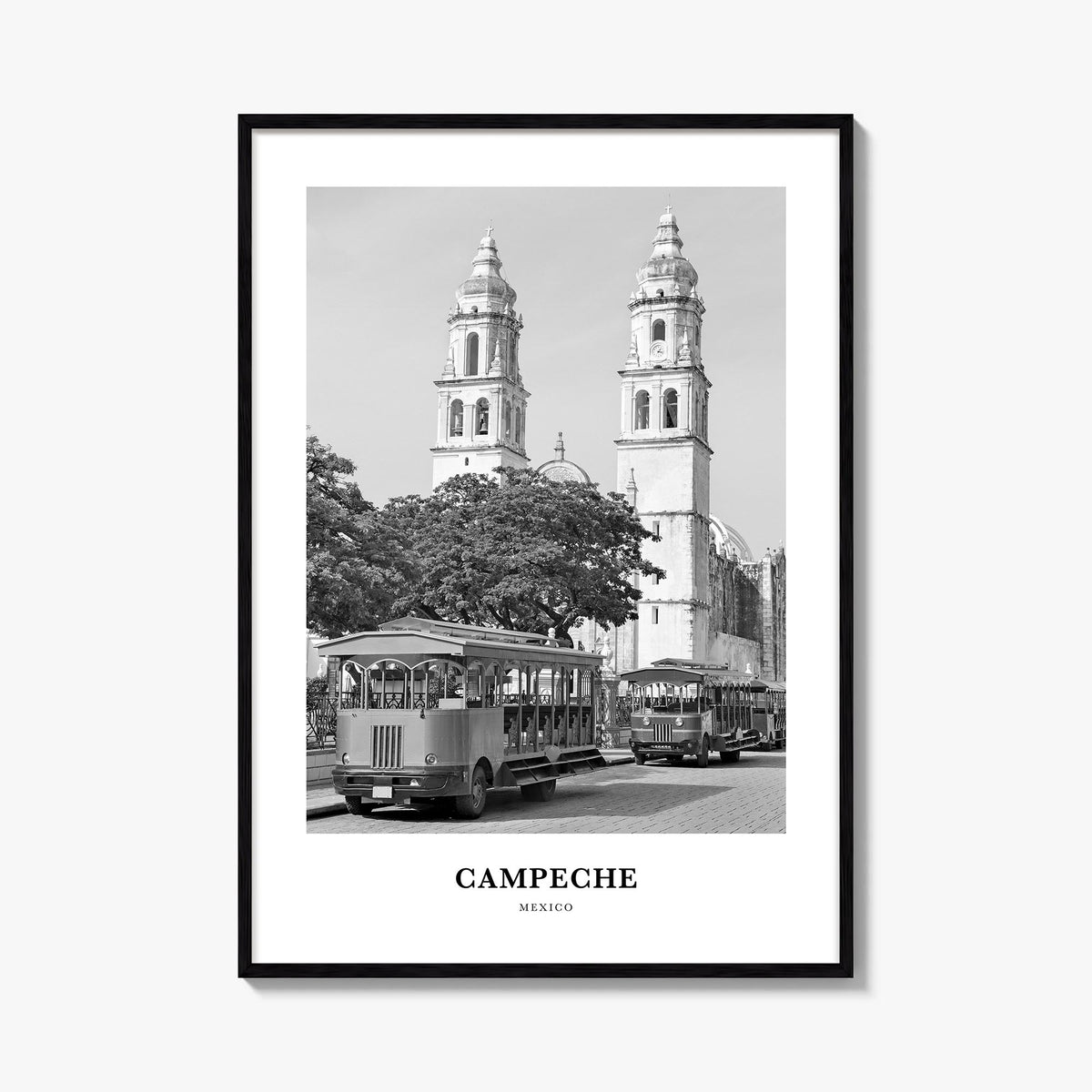 Campeche black & white classic poster of Mexico – vertical wall art, unframed print shown in interior mockup