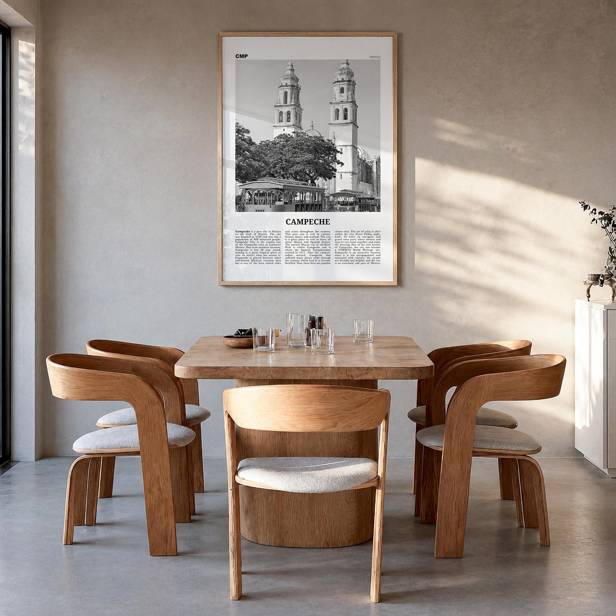 Campeche black & white newspaper poster of Mexico – vertical wall art in natural wood frame, hanging on wall