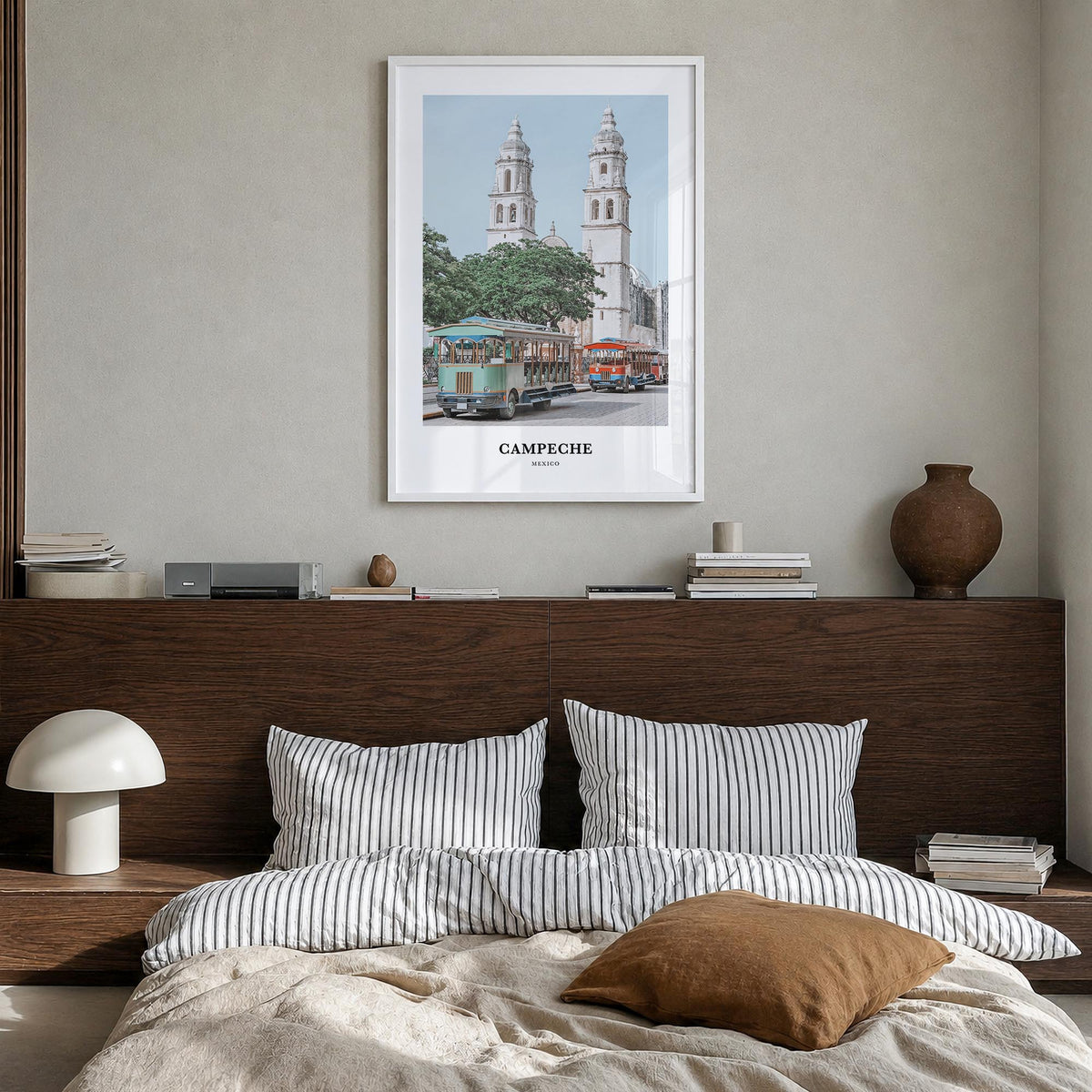 Campeche colorful classic poster of Mexico – vertical wall art in white wood frame, hanging on wall