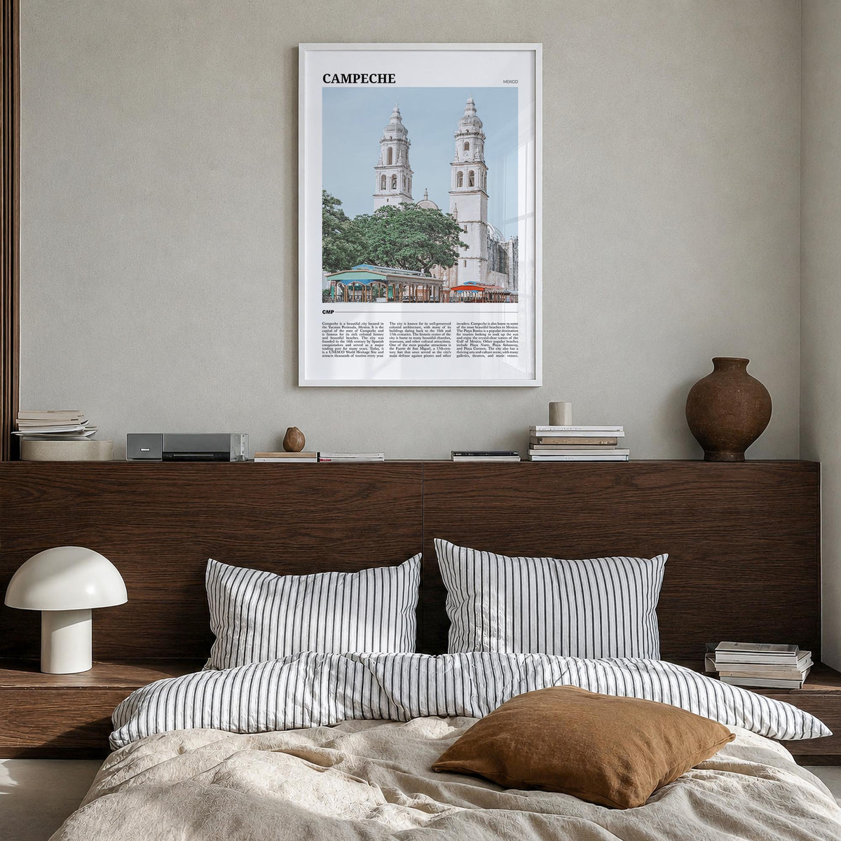 Campeche colorful travel poster of Mexico – vertical wall art in white wood frame, hanging on wall