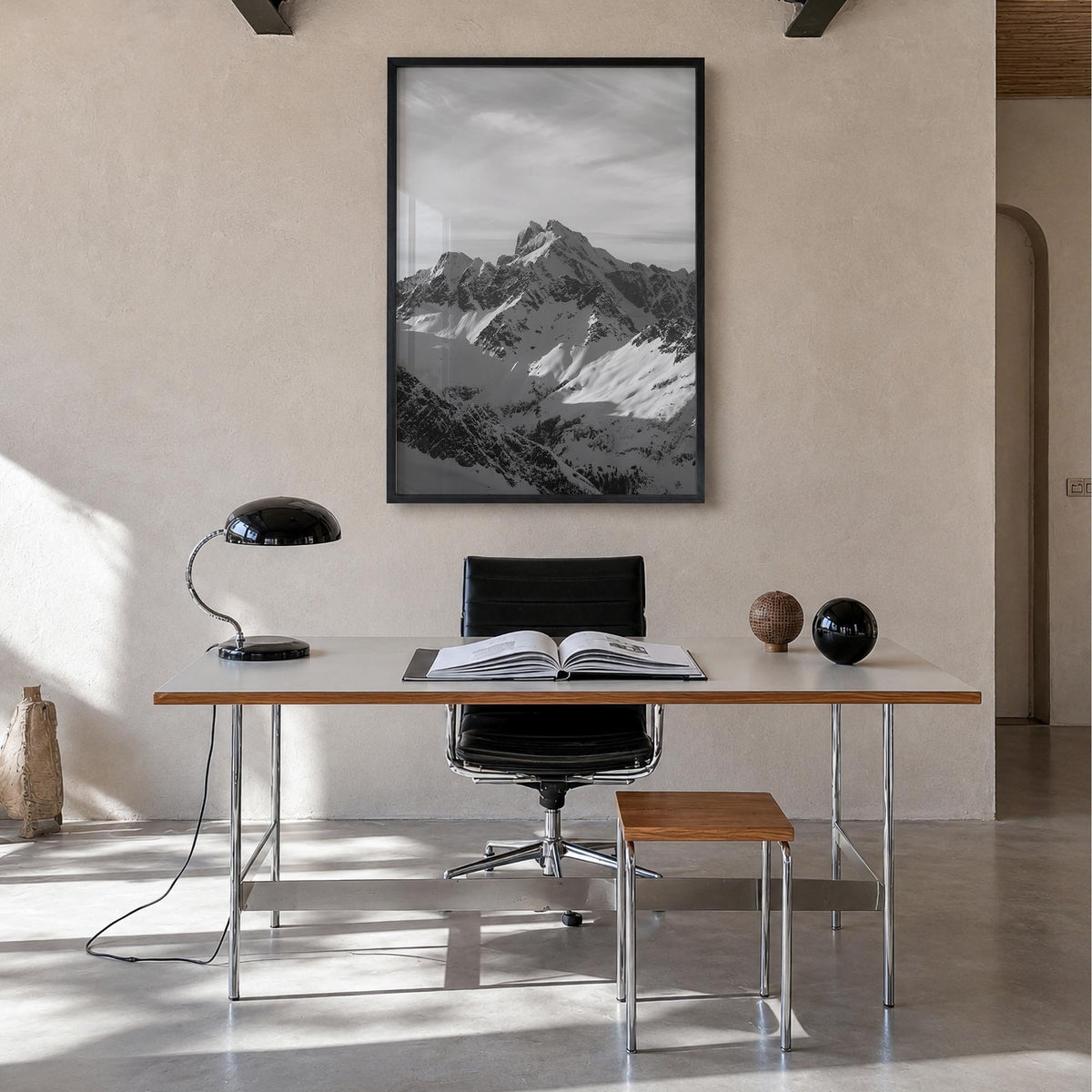 Canada black & white photo poster of North America – vertical wall art in black wood frame, hanging on wall
