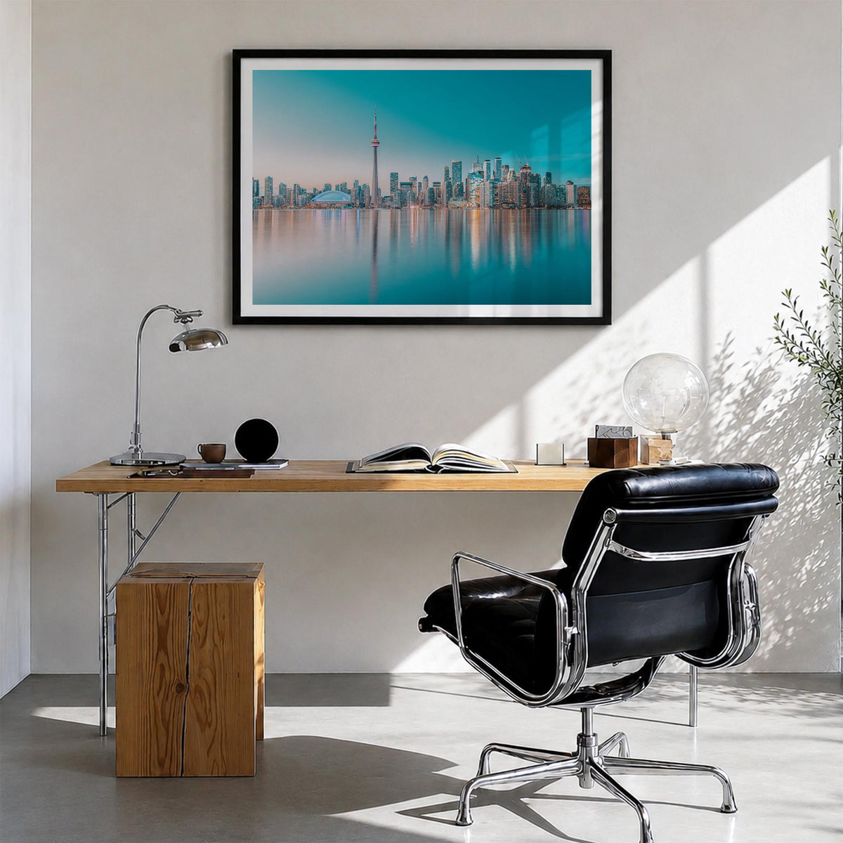 Canada colorful photo poster of North America – horizontal wall art in black wood frame with white border, hanging on wall