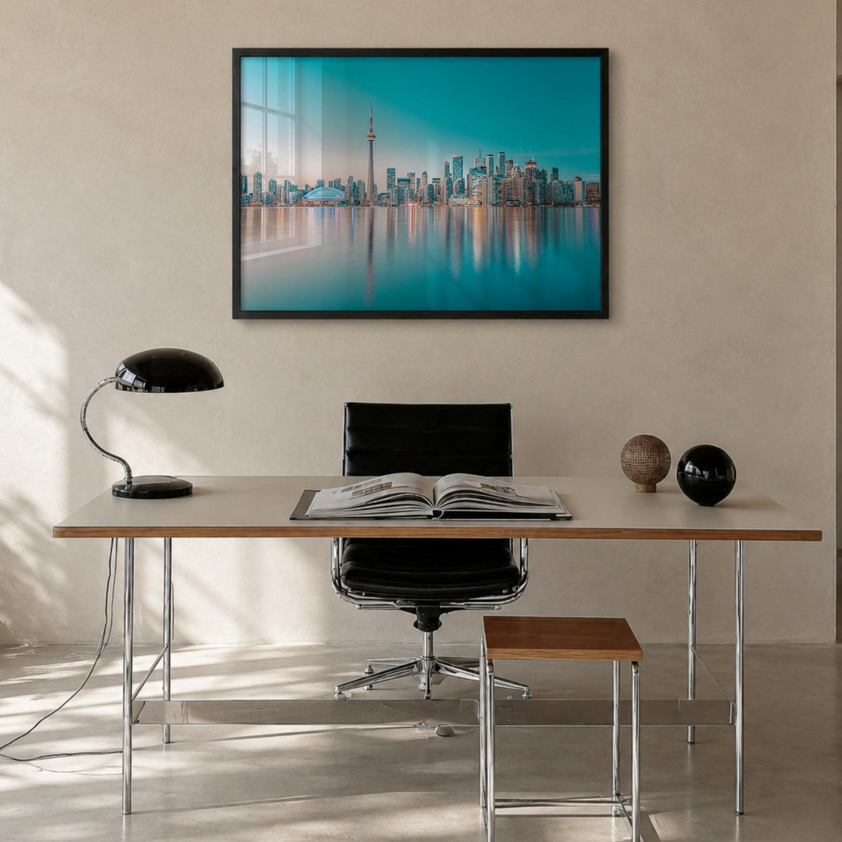 Canada colorful photo poster of North America – horizontal wall art in black wood frame, hanging on wall