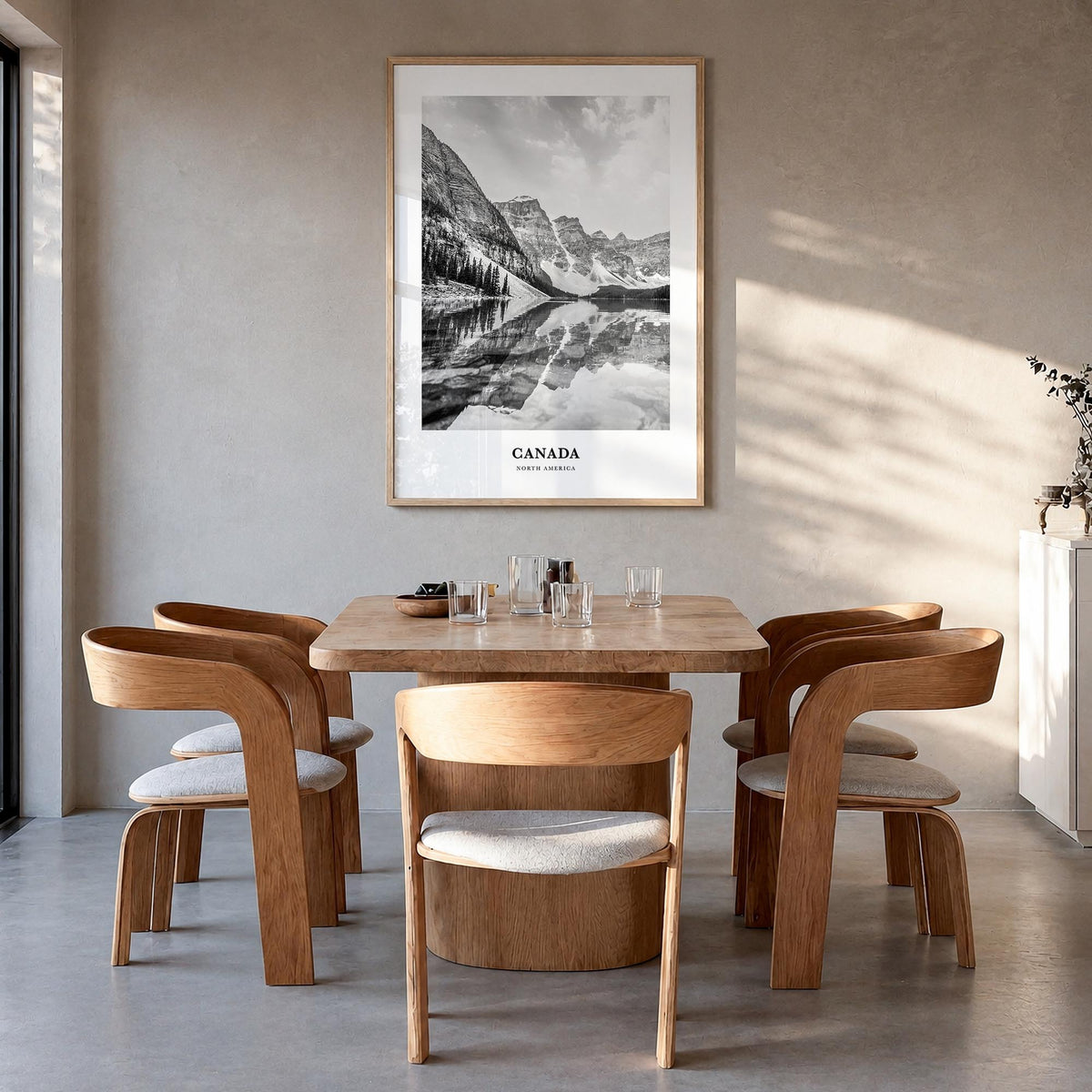 Canada no. 2 black & white classic poster of North America – vertical wall art in natural wood frame, hanging on wall