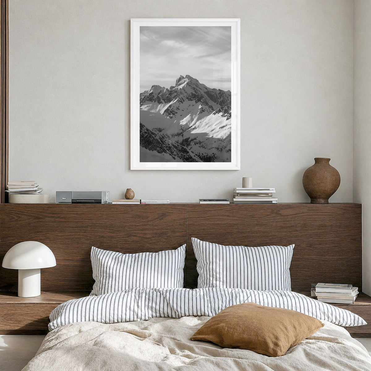 Canada Photo Poster in a white wood frame, hanging in a bedroom, white border