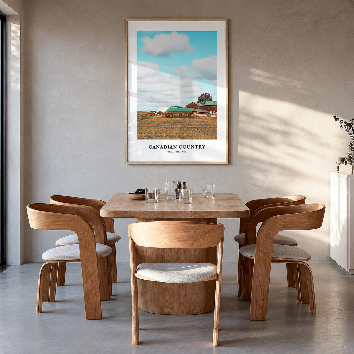Canadian County colorful classic poster of Oklahoma, USA – vertical wall art in natural wood frame, hanging on wall