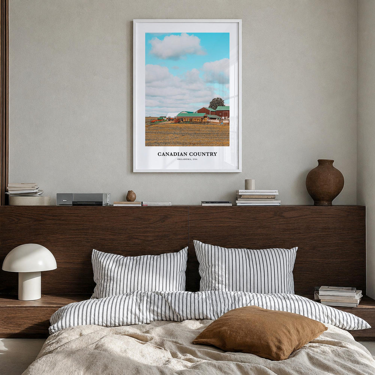 Canadian County colorful classic poster of Oklahoma, USA – vertical wall art in white wood frame, hanging on wall
