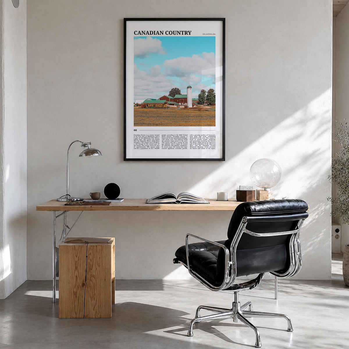 Canadian County colorful travel poster of Oklahoma, USA – vertical wall art in black wood frame, hanging on wall