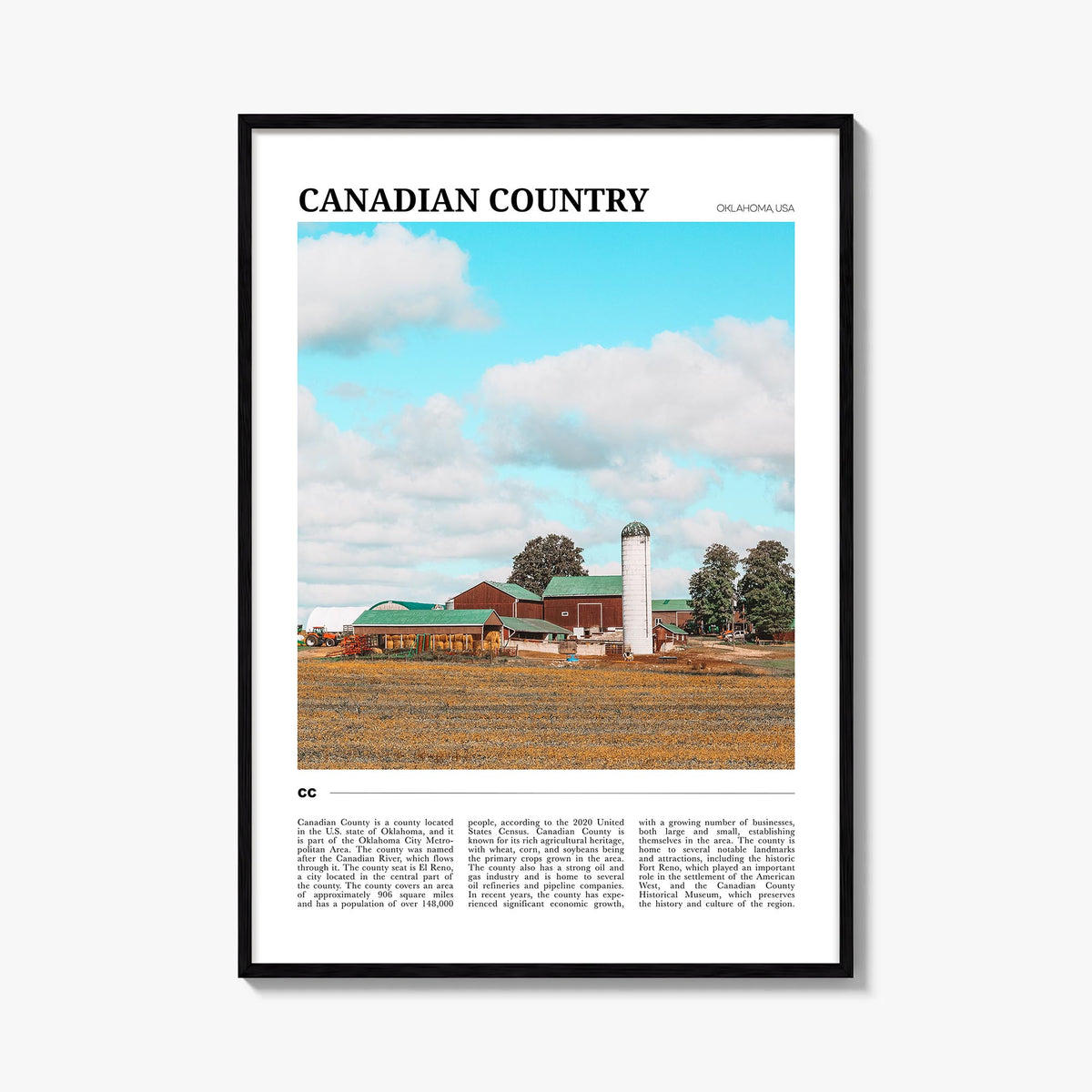 Canadian County colorful travel poster of Oklahoma, USA – vertical wall art, unframed print shown in interior mockup