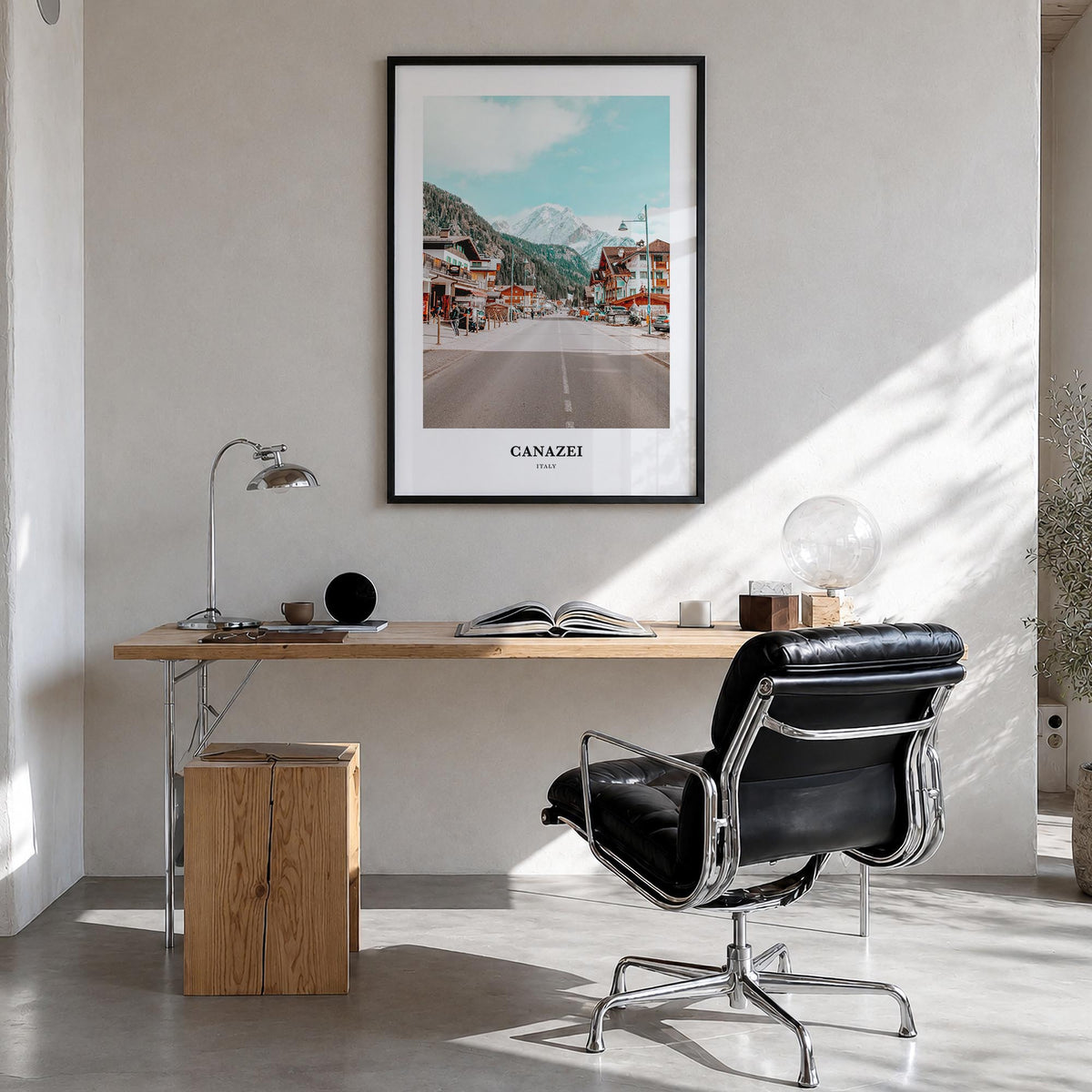 Canazei colorful classic poster of Italy – vertical wall art in black wood frame, hanging on wall