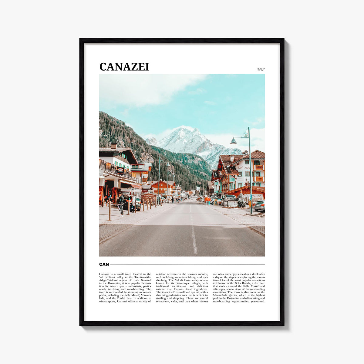 Canazei colorful travel poster of Italy – vertical wall art, unframed print shown in interior mockup