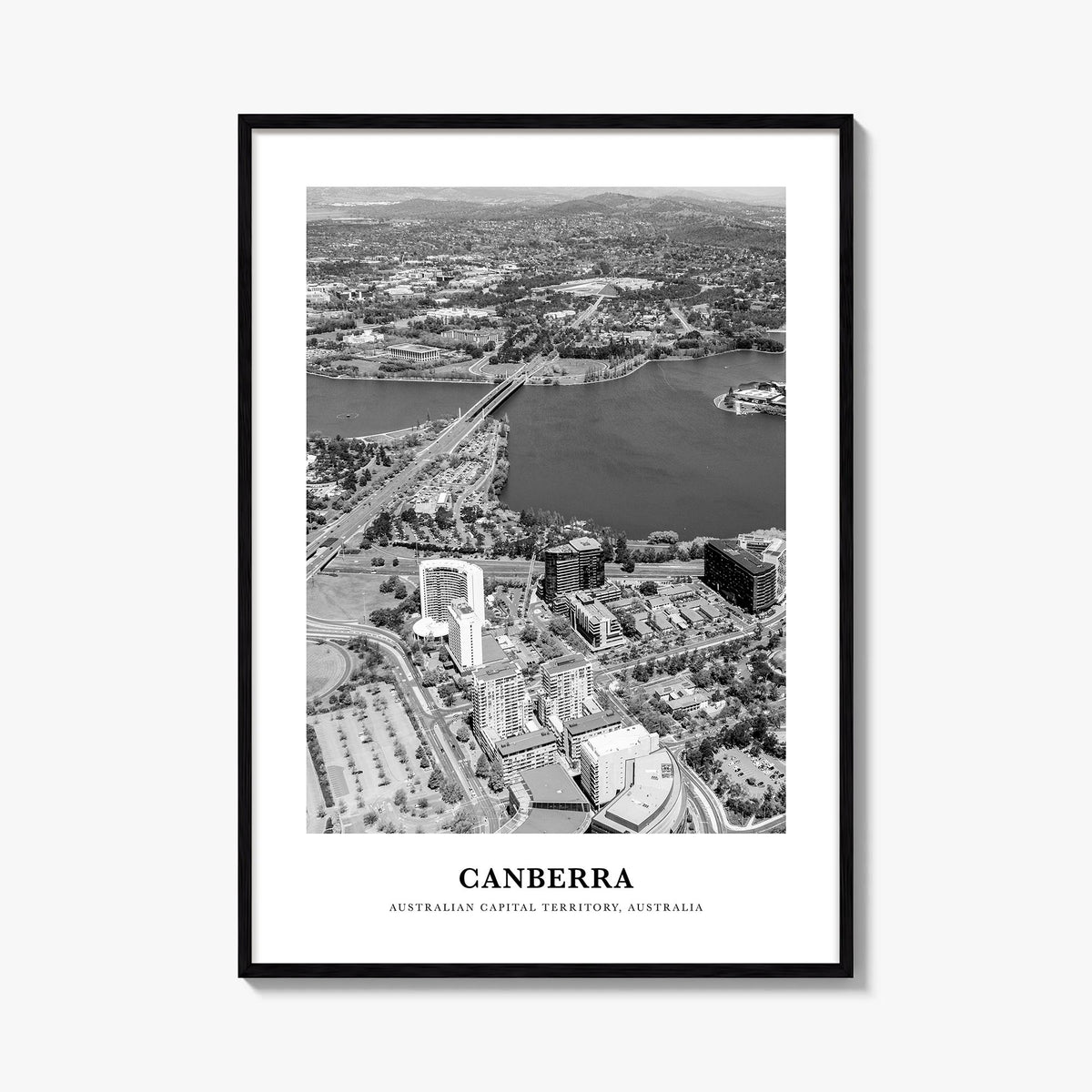 Canberra black & white classic poster of Australian Capital Territory, Australia – vertical wall art, unframed print shown in